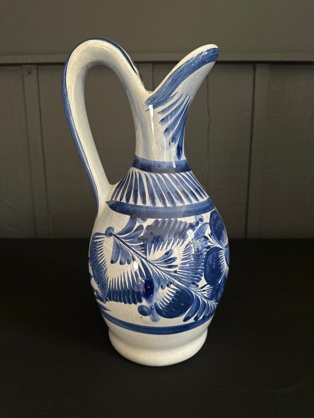 Vintage Mexican Hand Painted Blue Large Pitcher Folk Art Pottery Puebla Mexico